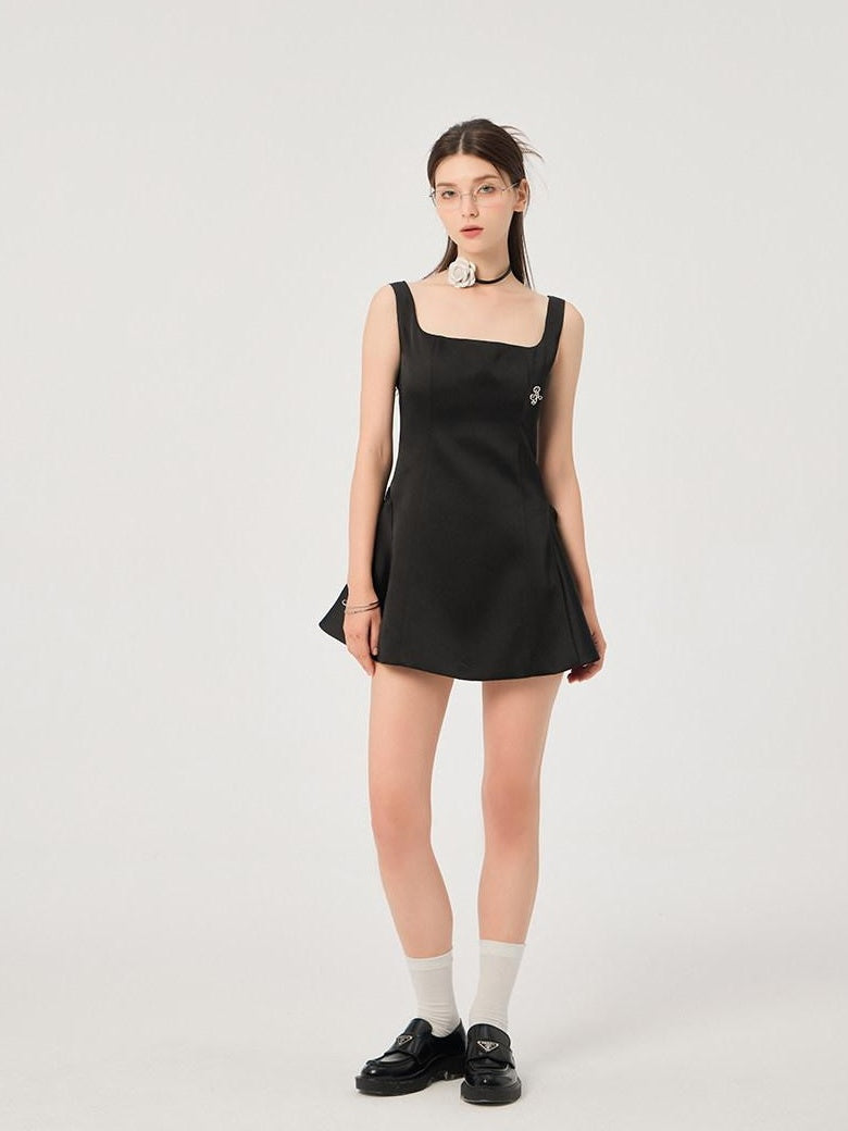 ikyou Waist Cinch Casual A Line Square Neck Sleeveless Black Midi Dresses