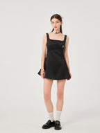 ikyou Waist Cinch Casual A Line Square Neck Sleeveless Black Midi Dresses
