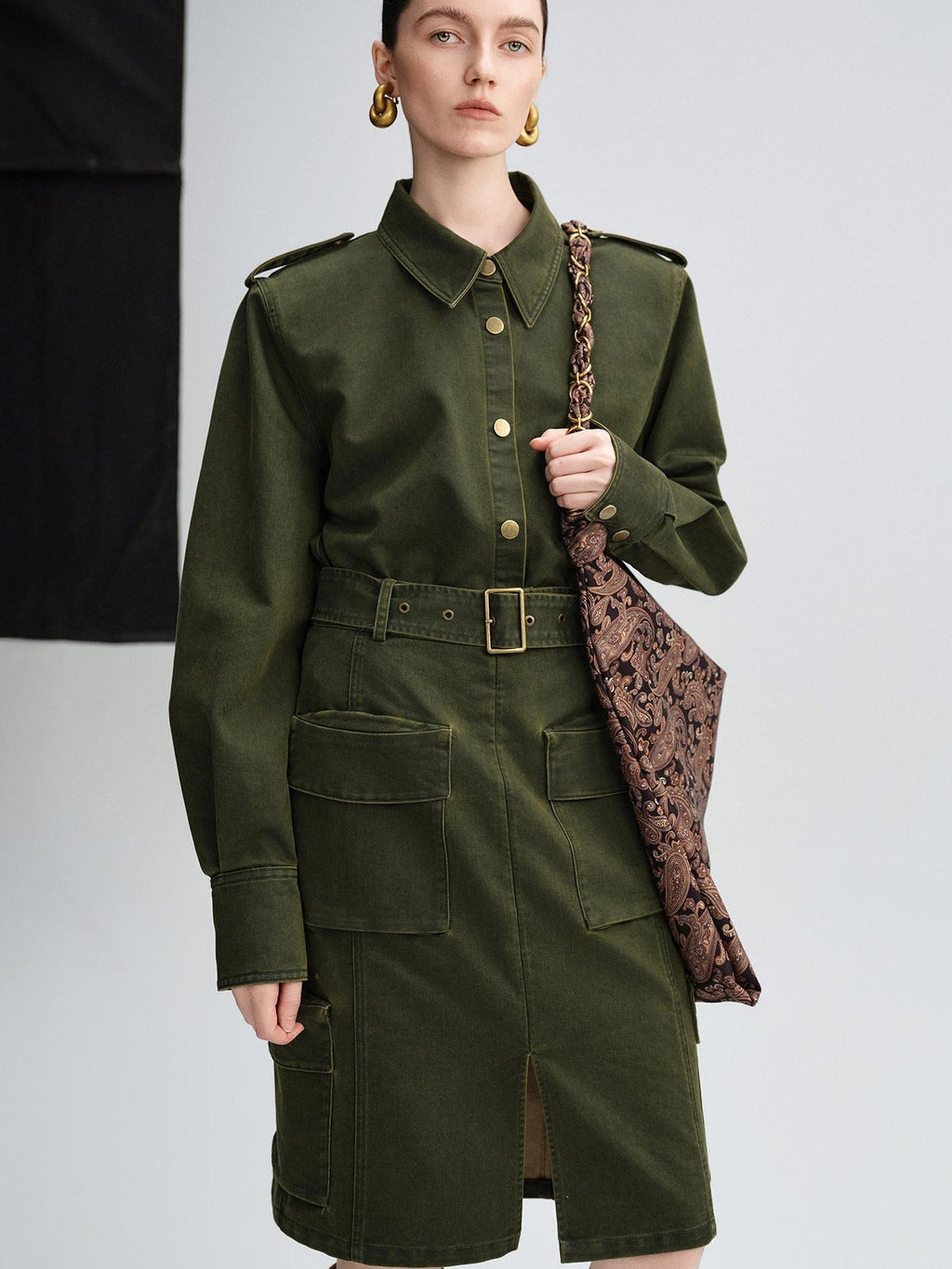 audreyyang Thick Cotton Cinched Waist Vintage Long Sleeve Army Green Top & Skirt Sets