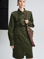 audreyyang Thick Cotton Cinched Waist Vintage Long Sleeve Army Green Top & Skirt Sets