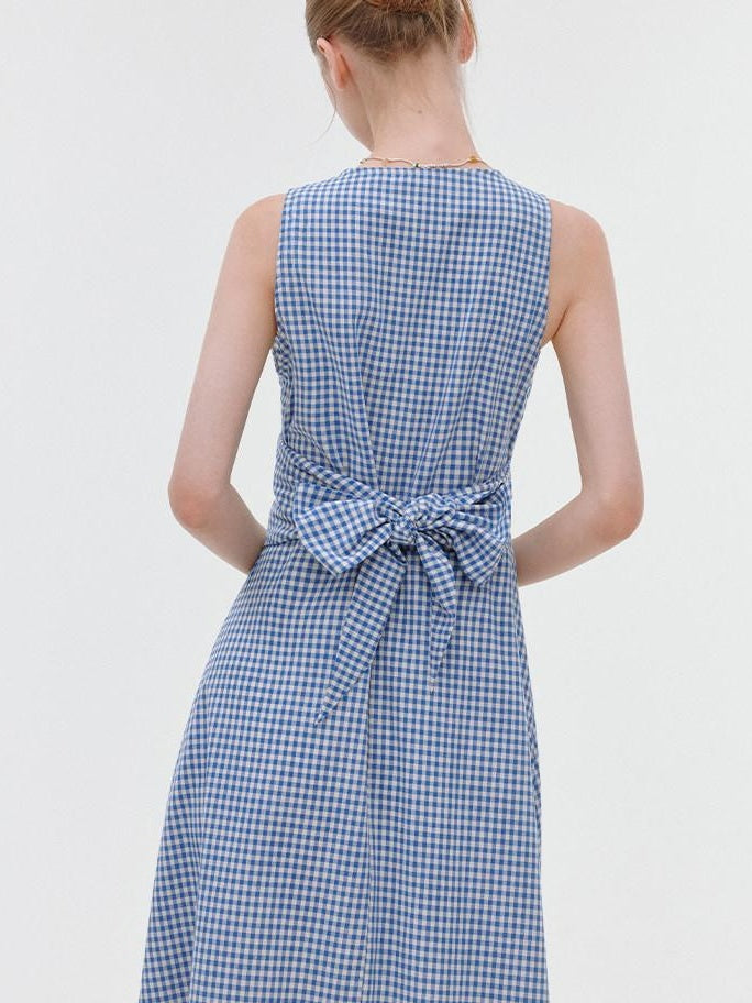 fano Pure Cotton Sleeveless V-neck A Line Office Casual Women Blue Midi Dresses