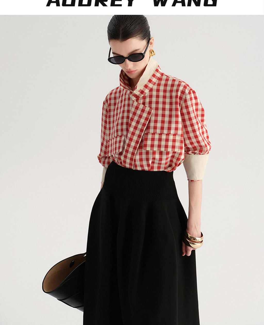audreyyang Vintage Plaid Loose Fit Long Sleeve Collared Open Front Polyester Women Shirts