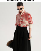 audreyyang Vintage Plaid Loose Fit Long Sleeve Collared Open Front Polyester Women Shirts