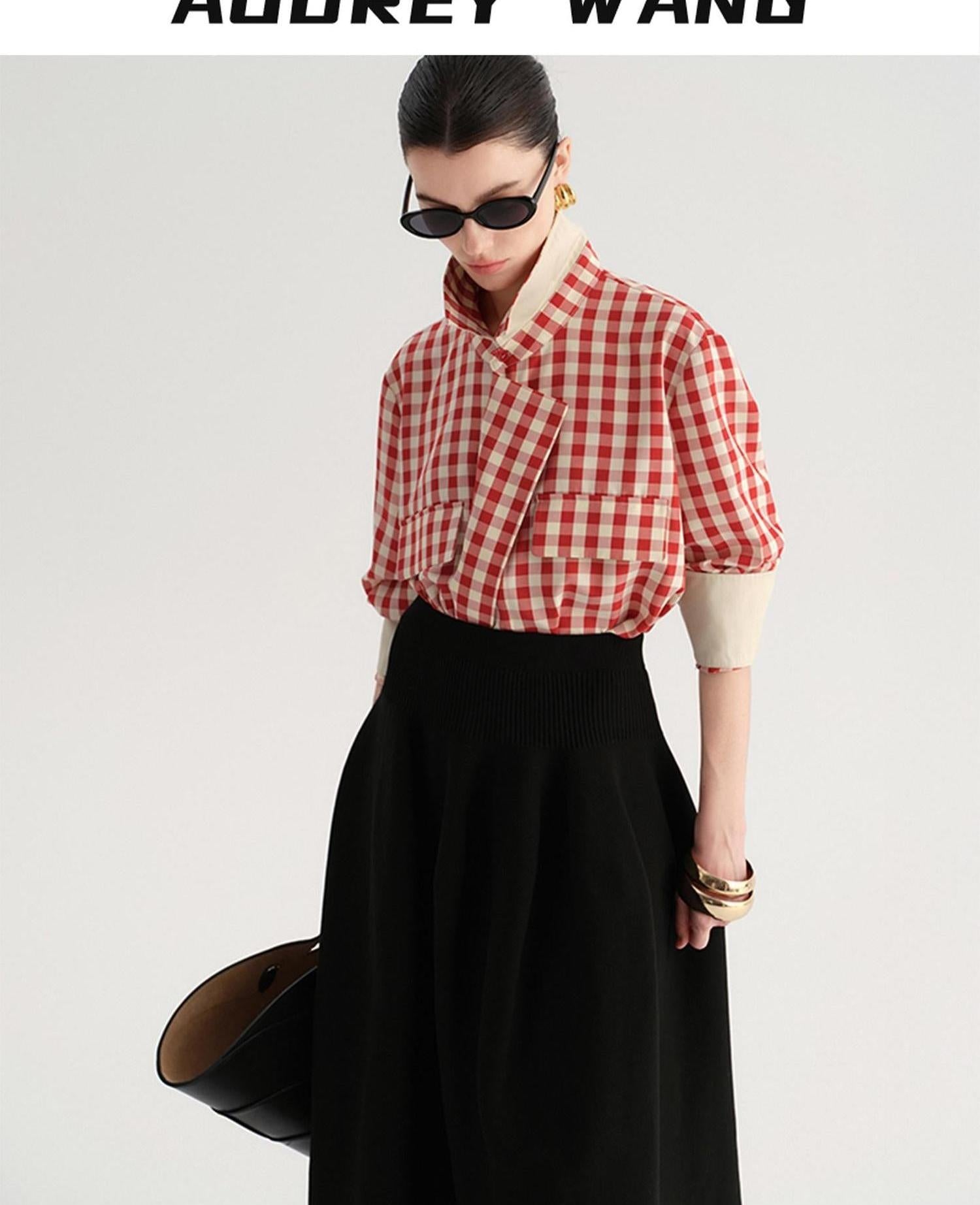 audreyyang Vintage Plaid Loose Fit Long Sleeve Collared Open Front Polyester Women Shirts