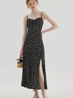 fano Viscose Square Neck Puff Sleeve A Line Casual Black Floral Maxi Dresses