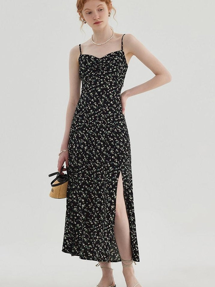 fano Viscose Square Neck Puff Sleeve A Line Casual Black Floral Maxi Dresses