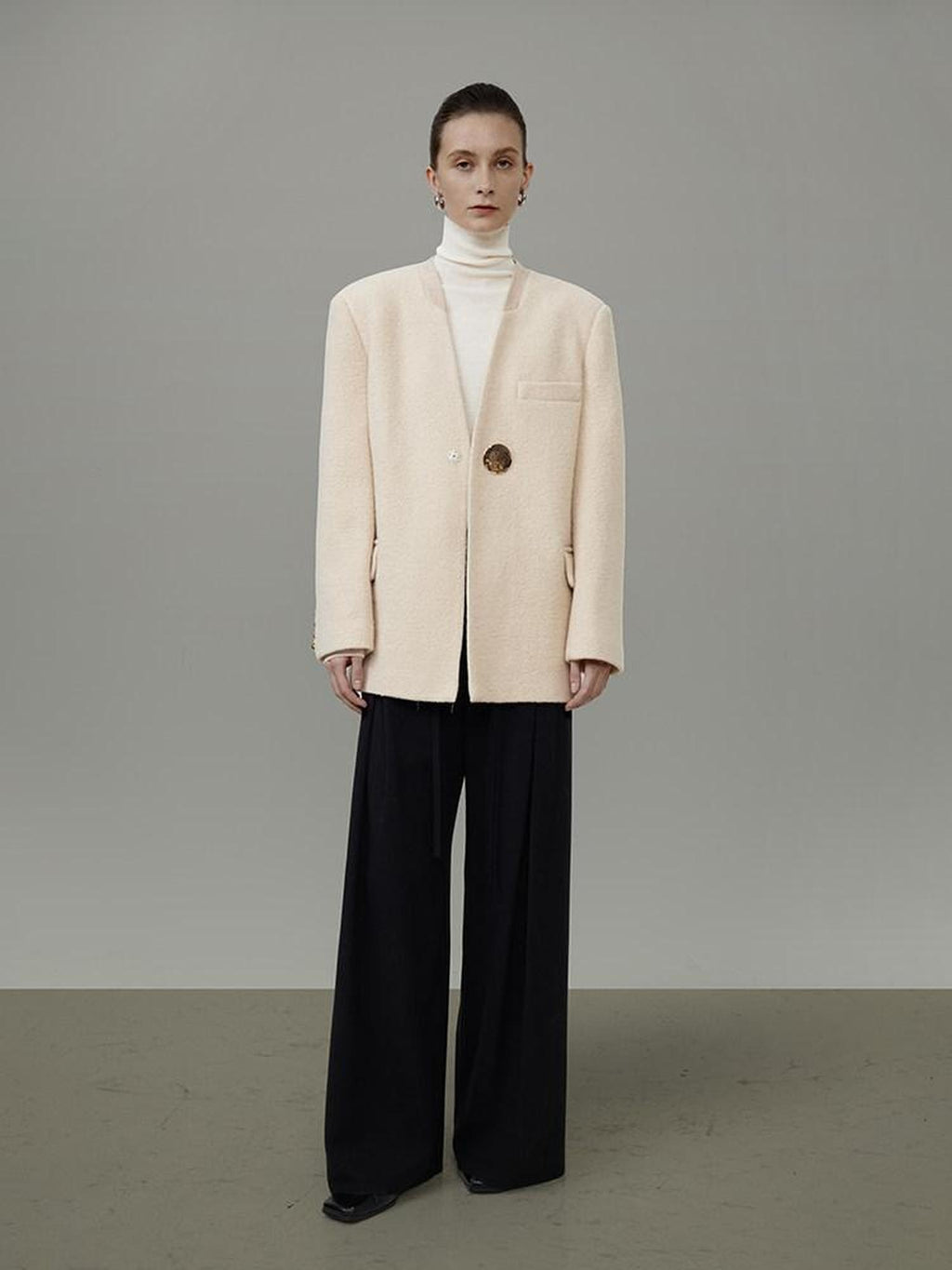unspoken Cream Wool Blend Commuter Loose Fit V-neck Single Button Women Wool Coats