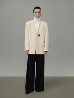 unspoken Cream Wool Blend Commuter Loose Fit V-neck Single Button Women Wool Coats