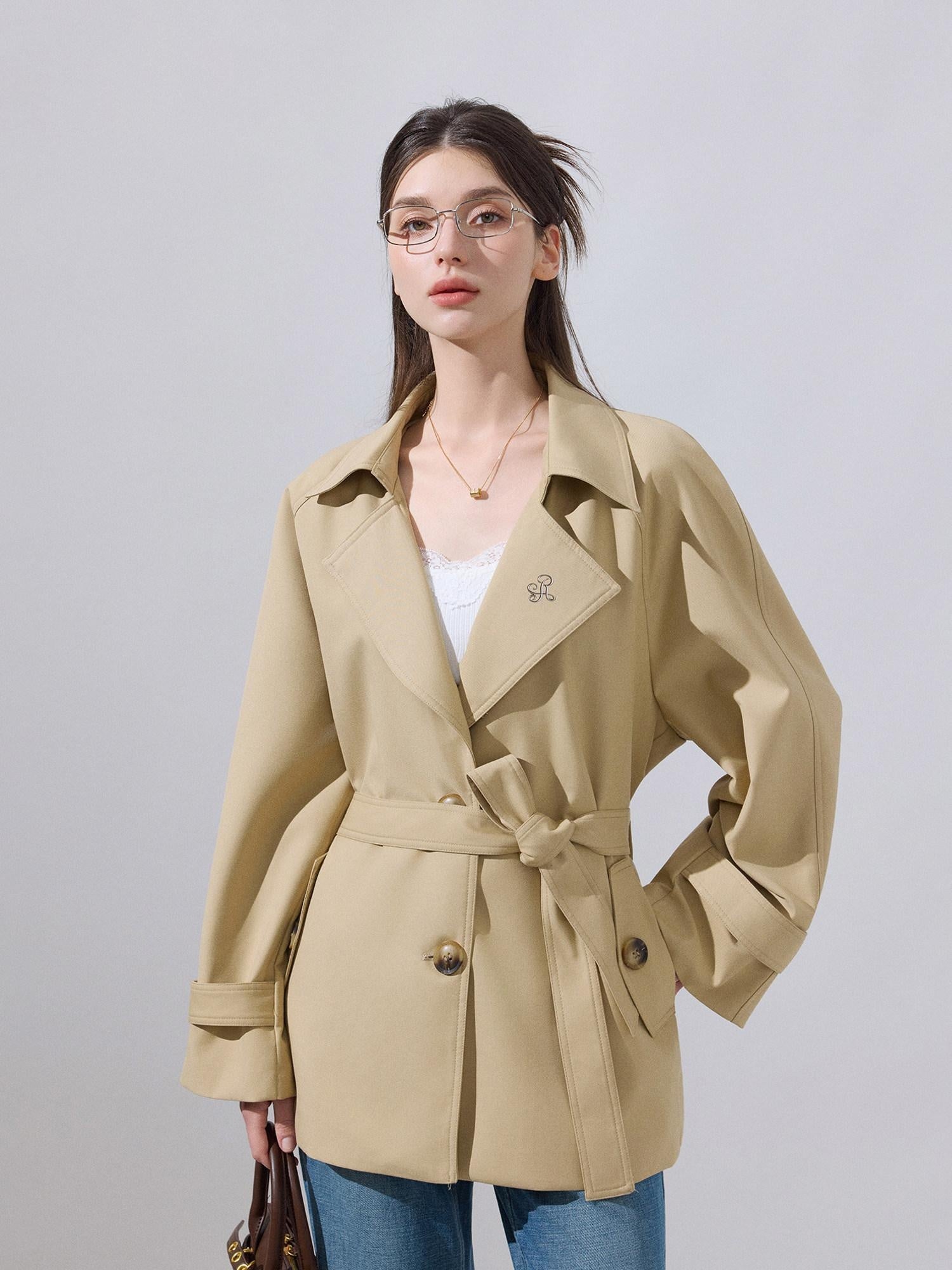 ikyou Lightweight Khaki High Waist Belted Artistic Lapel Women Trench Coats