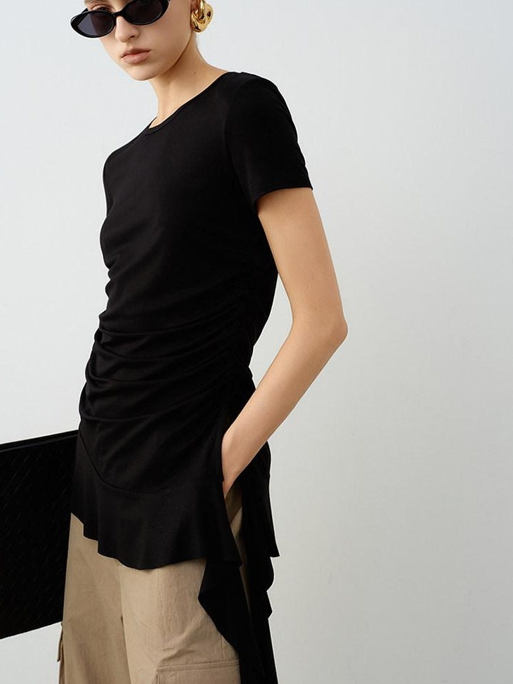 audreyyang Modal Cotton Ruched Commuter Slim Round Neck Womens Black Short Sleeve T-Shirts