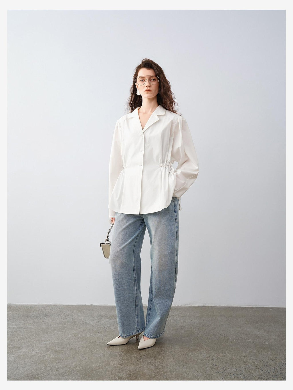 audreyyang Durable Viscose Slim Waist Casual Lapel Button Long Sleeve Blouses