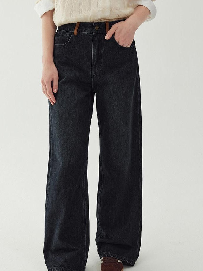 fano Washed Minimal Loose Natural Waist Raw Denim Youth Nonstretch Straight Leg Jeans