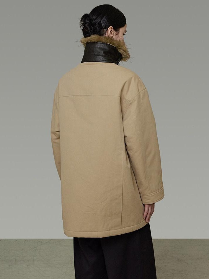 unspoken Thick Cotton Oversized Midlength Single Breasted Khaki Puffer Jackets
