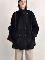 fano Double Breasted Stand Collar Commuter Loose Fit Women Black Pocket Wool Coats