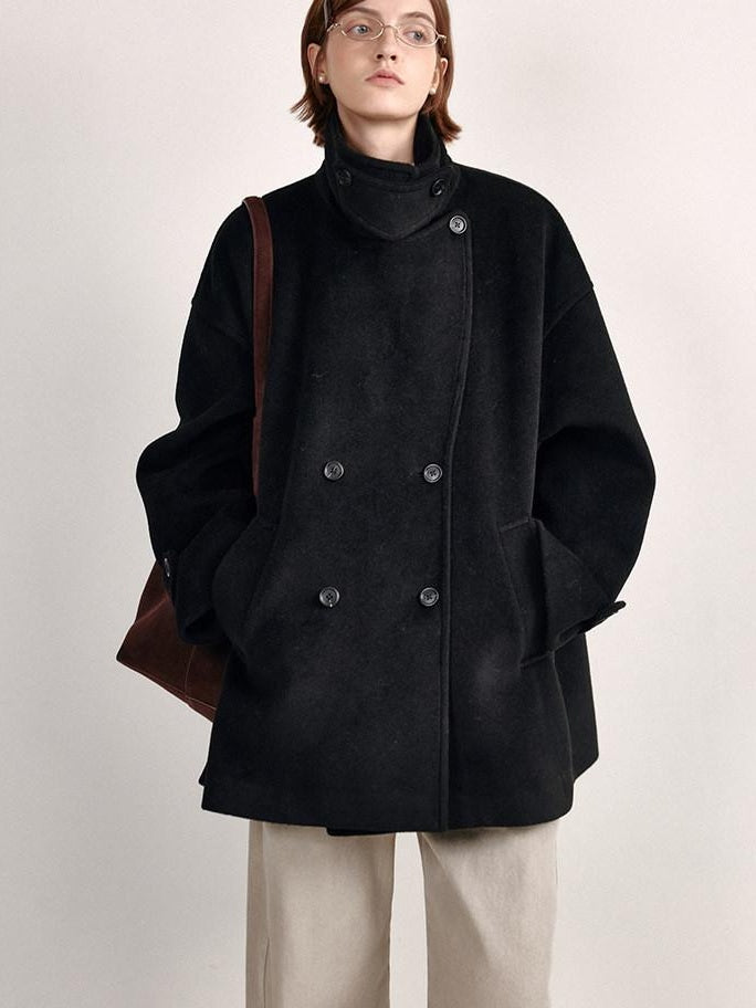 fano Double Breasted Stand Collar Commuter Loose Fit Women Black Pocket Wool Coats