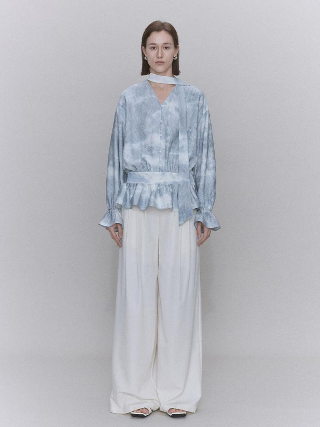 someone sometimes Glacier Blue Polyester V-neck Long Bell Sleeve Loose Fit Office Work Blouses