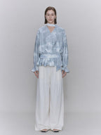 someone sometimes Glacier Blue Polyester V-neck Long Bell Sleeve Loose Fit Office Work Blouses