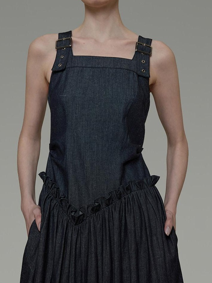 unspoken Minimalist Pleated Cinched Waist Cotton A Line Strap Dress Women Maxi Dresses