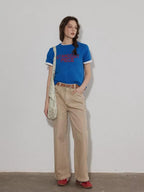 Lofi choose Relaxed Knit Button Round Neck Midlength Letter Print Blue Short Sleeve T-Shirts