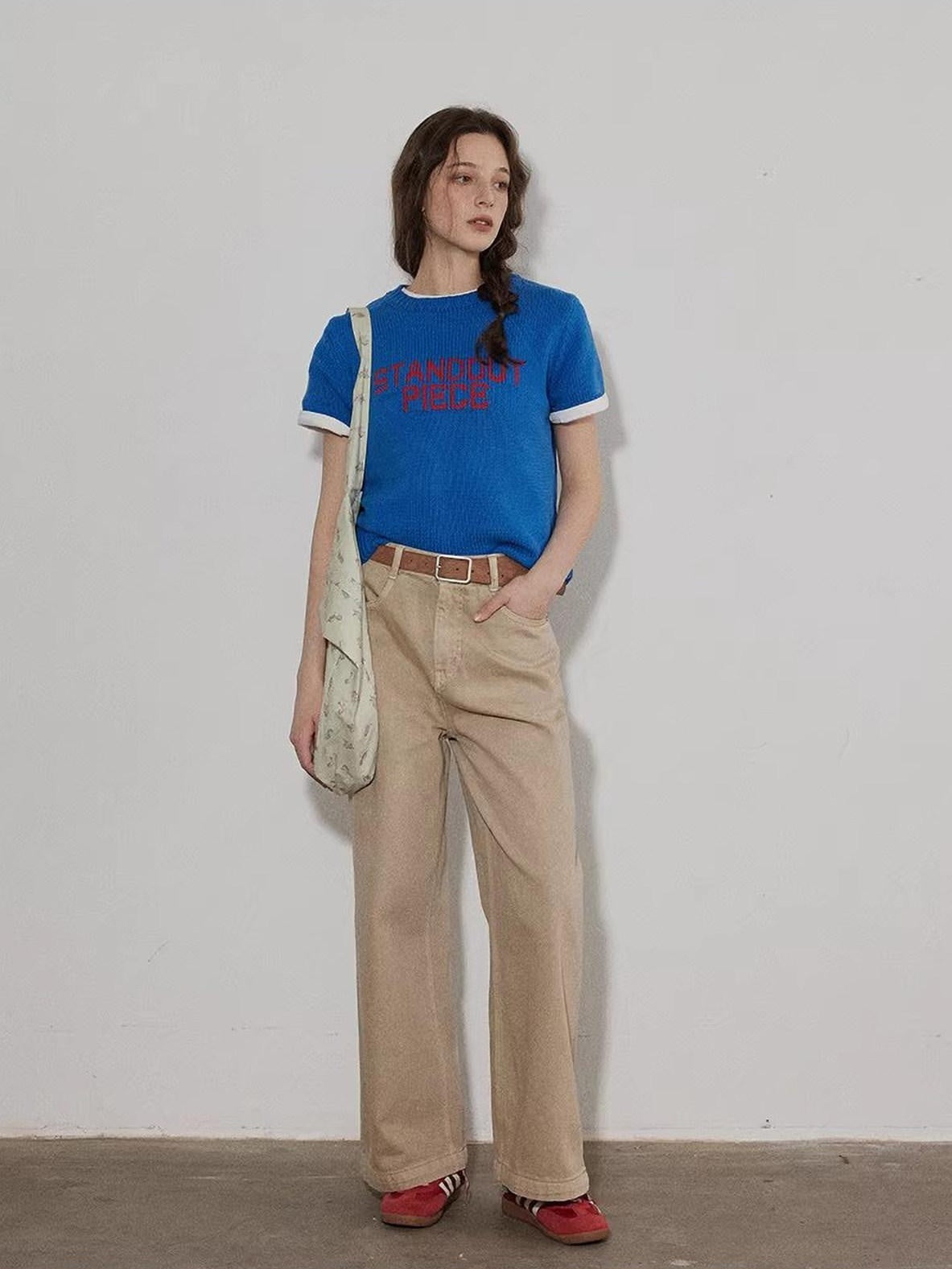 Lofi choose Relaxed Knit Button Round Neck Midlength Letter Print Blue Short Sleeve T-Shirts