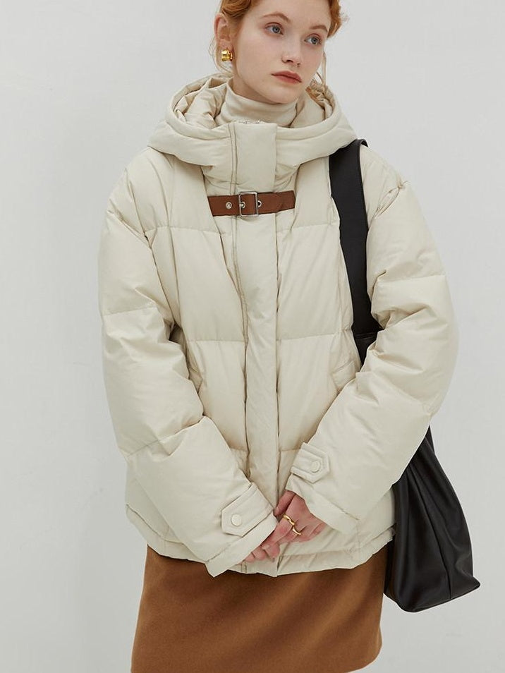 fano 90% White Duck Down Minimal Commuter Straight Hooded Milky Beige Down Jackets