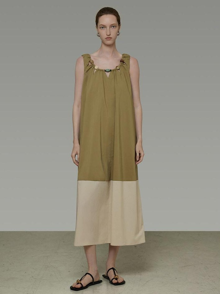 unspoken Khaki Beige Colorblock Sleeveless H Line Round Neck Loose Waist Maxi Dresses