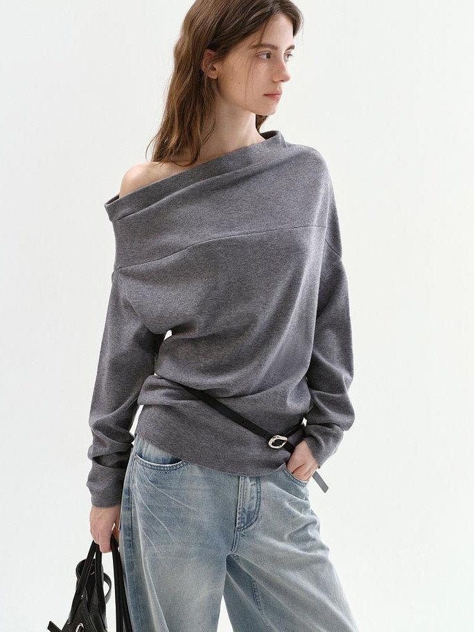 fano Minimalist Office Regular Asymmetric Neck Batwing Sleeve Women Nylon Sweaters