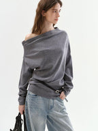 fano Minimalist Office Regular Asymmetric Neck Batwing Sleeve Women Nylon Sweaters