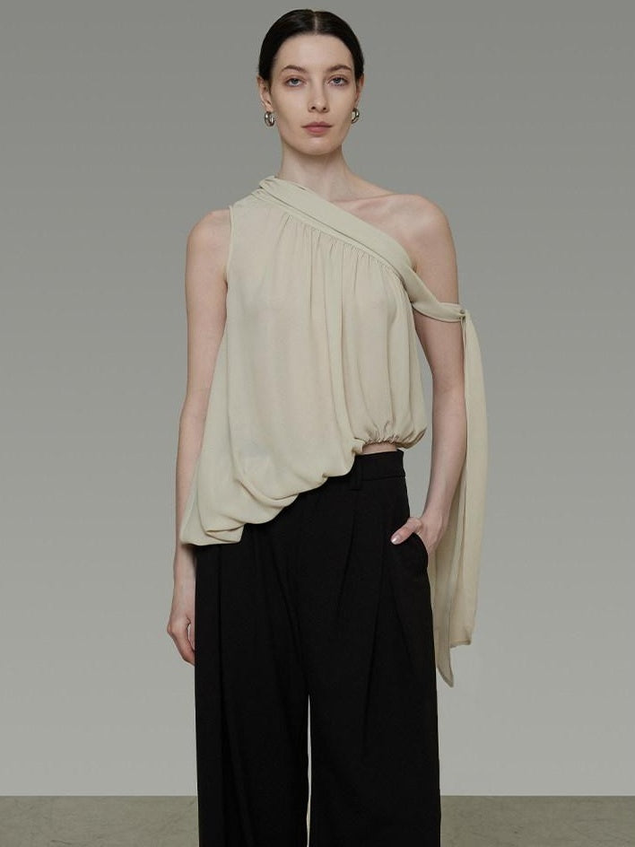 unspoken Polyester French Asymmetric One Shoulder Loose Fit Women Solid Camisoles