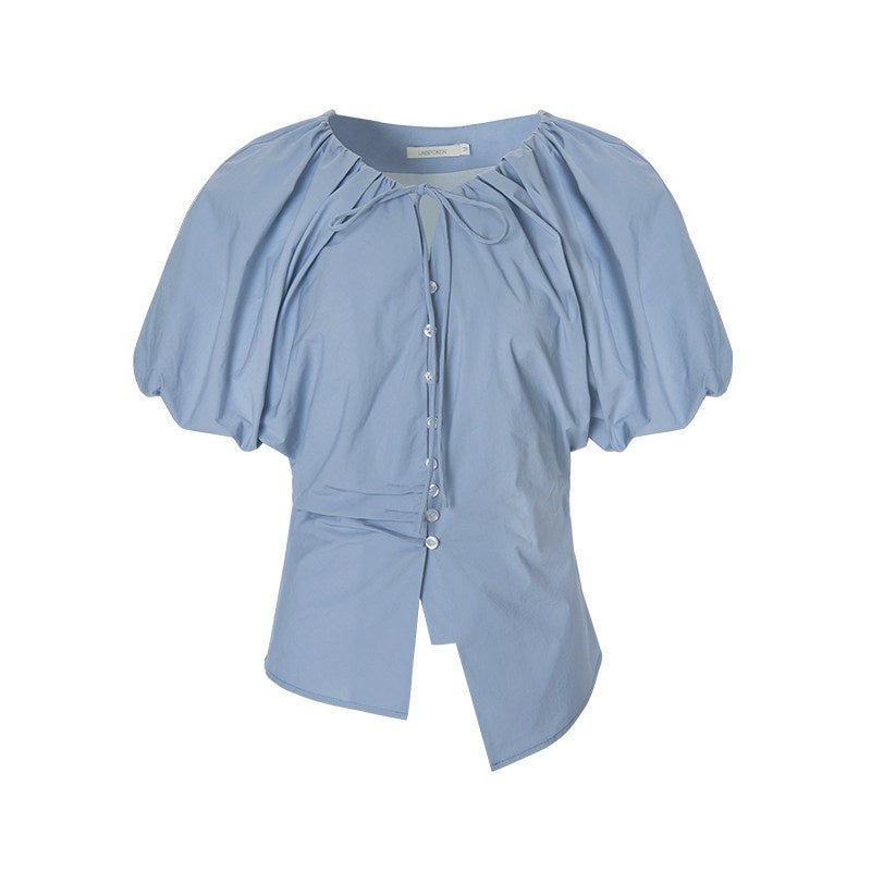 unspoken_Breathable_Cotton_Tie_Waist_Puff_Sleeve_Commuter_Women_Round_Neck_Button_Blouses_MISSTT