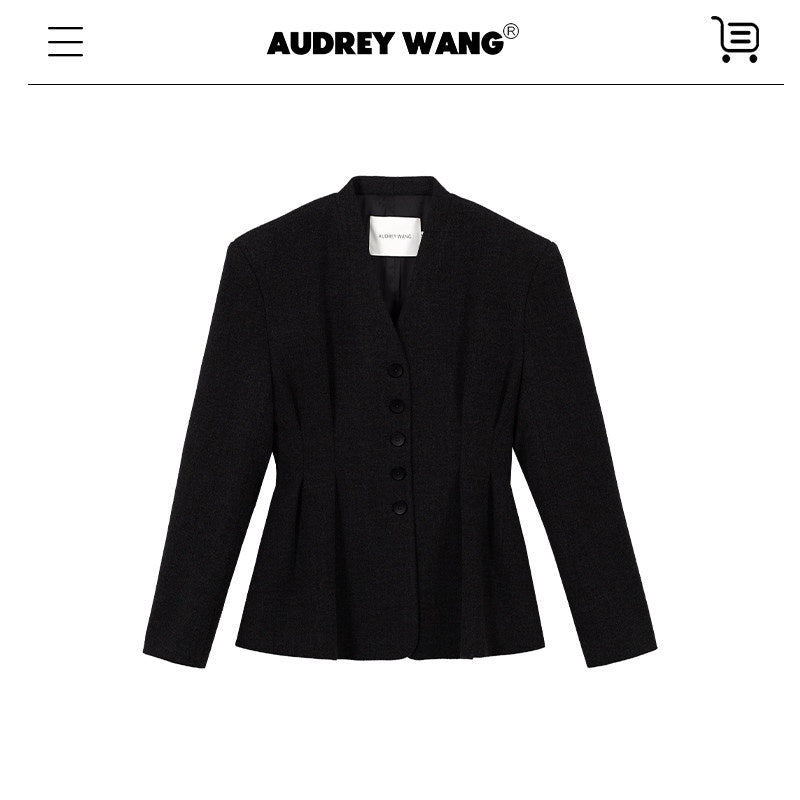 audreyyang_Waist_Cinch_Slim_Casual_V-neck_Single_Breasted_Women_Office_Black_Wool_Coats_MISSTT
