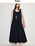 fano Black Cotton Blend A Line Sleeveless Round Neck Natural Waist Women Maxi Dresses