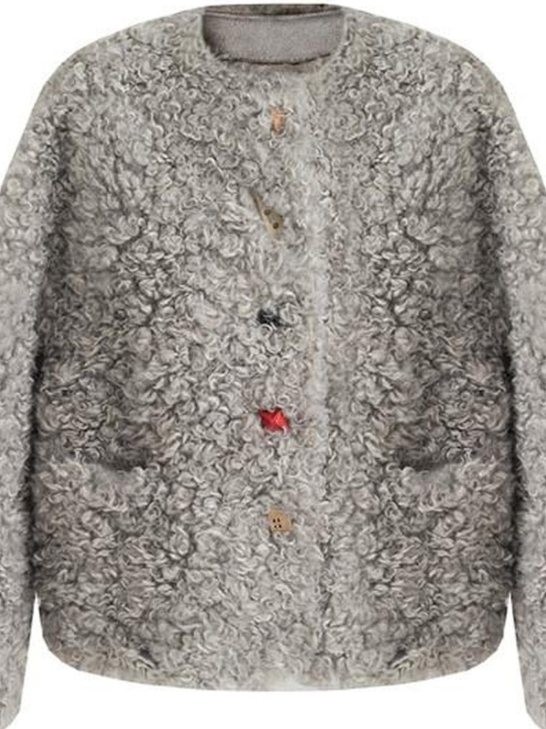 fano Faux Fur Straight Cut Minimal Workwear Women Gray Khaki Short Coat
