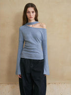 someonesometimes Viscose Blend Casual Slim Asymmetric Neck Knit Long Sleeve Sky Blue Sweaters