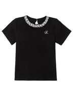 ikyou Durable Cotton Blend Slim Fit Short Sleeve Crewneck Women Black Basic Crop Tops