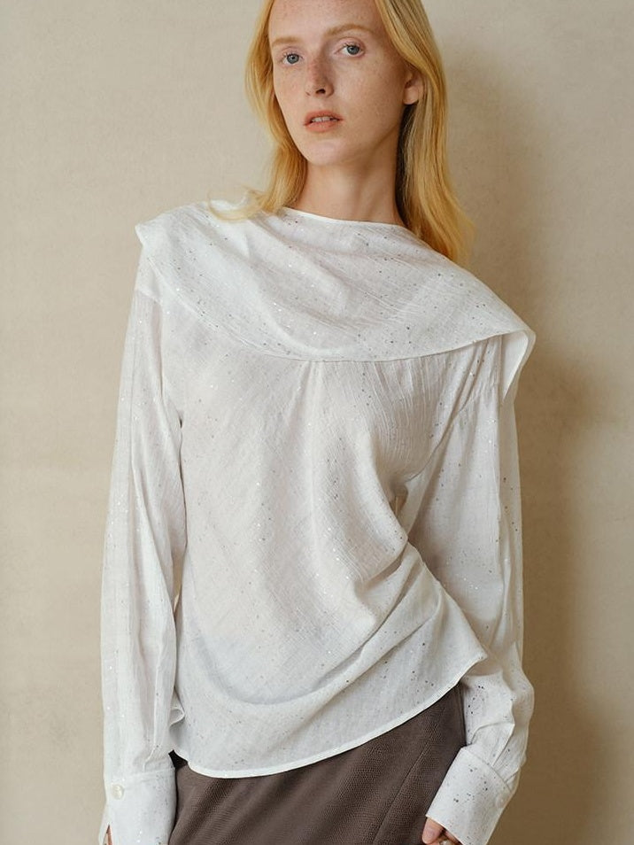 someonesometimes Cooling French Loose Round Neck Sparkle White Nylon Long Sleeve Blouses