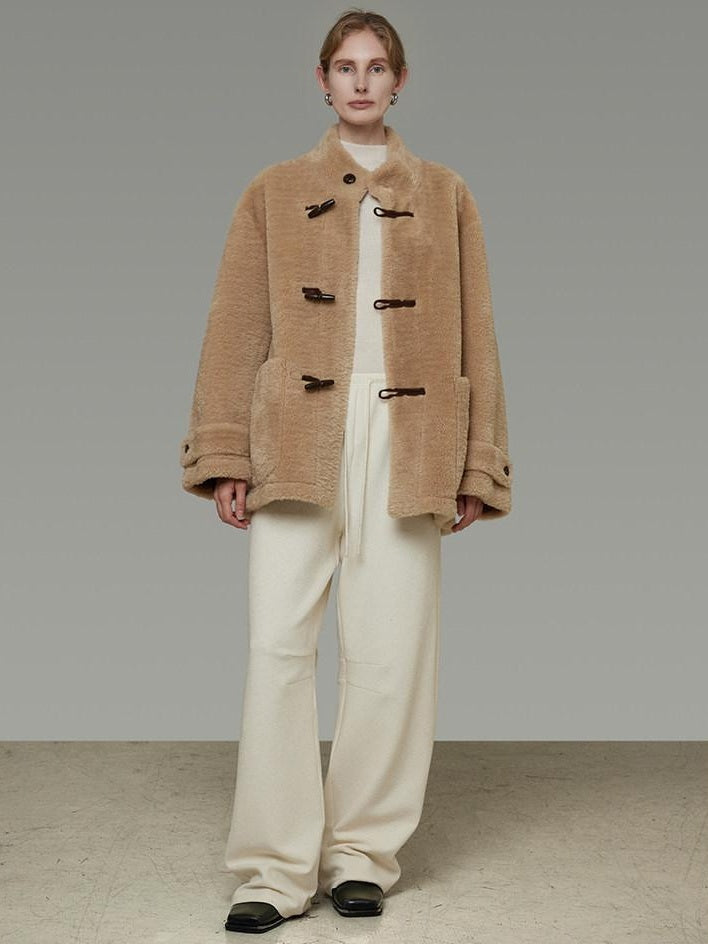 unspoken Warm Fur Lined Oversized Stand Collar Khaki Women Short Coat