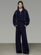 unspoken Breathable Soft Cotton Minimal Mid Rise Drawstring Navy Women Wide Leg Pants