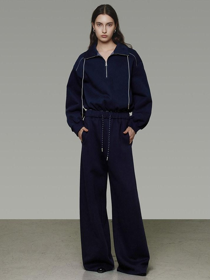 unspoken Breathable Soft Cotton Minimal Mid Rise Drawstring Navy Women Wide Leg Pants