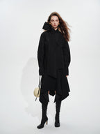 audreyyang Elegant Asymmetric Irregular Hem Mid Waist Front Zipper Black Midi Skirts