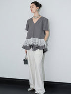 audreyyang Cotton Blend Commuter Patchwork Loose V-neck Heather Gray Short Sleeve T-Shirts