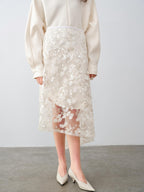 audreyyang Shimmering Sequin Lace Asymmetrical Mid Rise Tie Waist Women White Midi Skirts