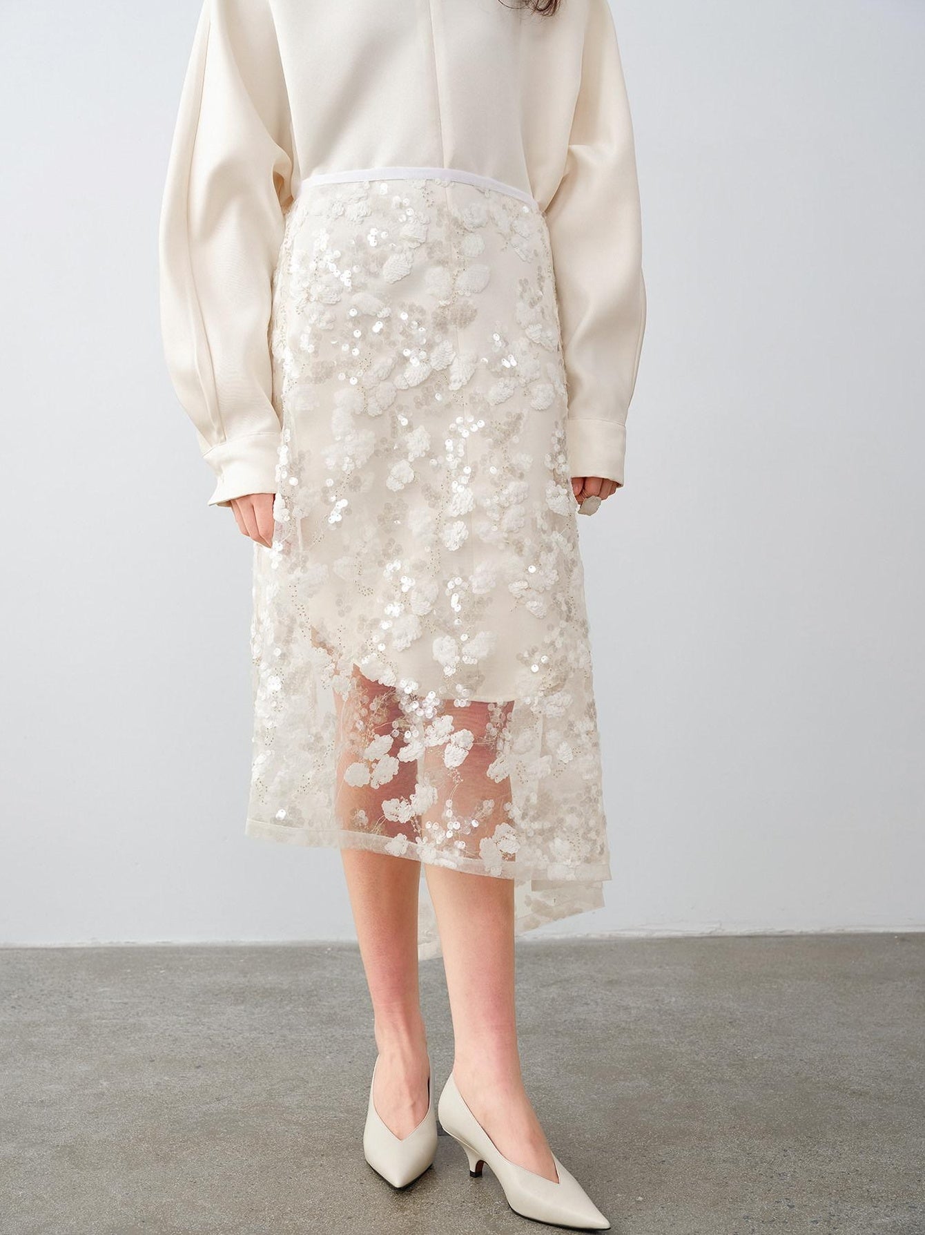audreyyang Shimmering Sequin Lace Asymmetrical Mid Rise Tie Waist Women White Midi Skirts