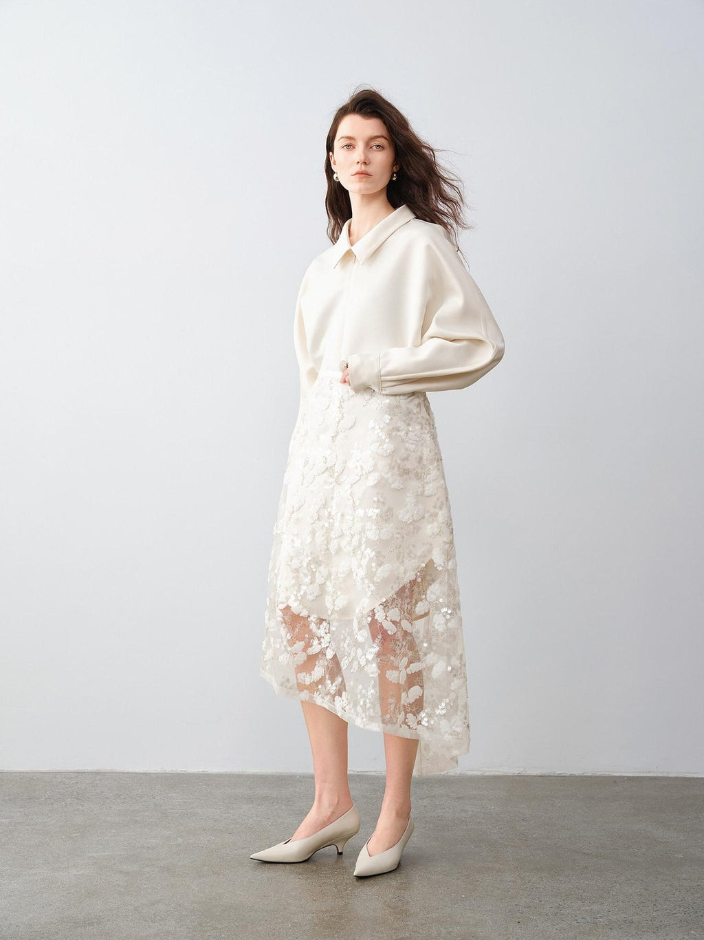 audreyyang Shimmering Sequin Lace Asymmetrical Mid Rise Tie Waist Women White Midi Skirts