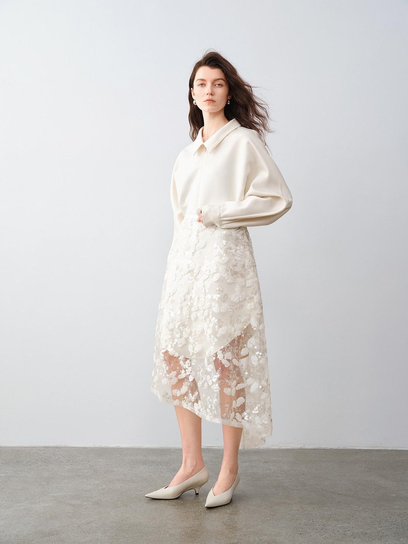 audreyyang Shimmering Sequin Lace Asymmetrical Mid Rise Tie Waist Women White Midi Skirts