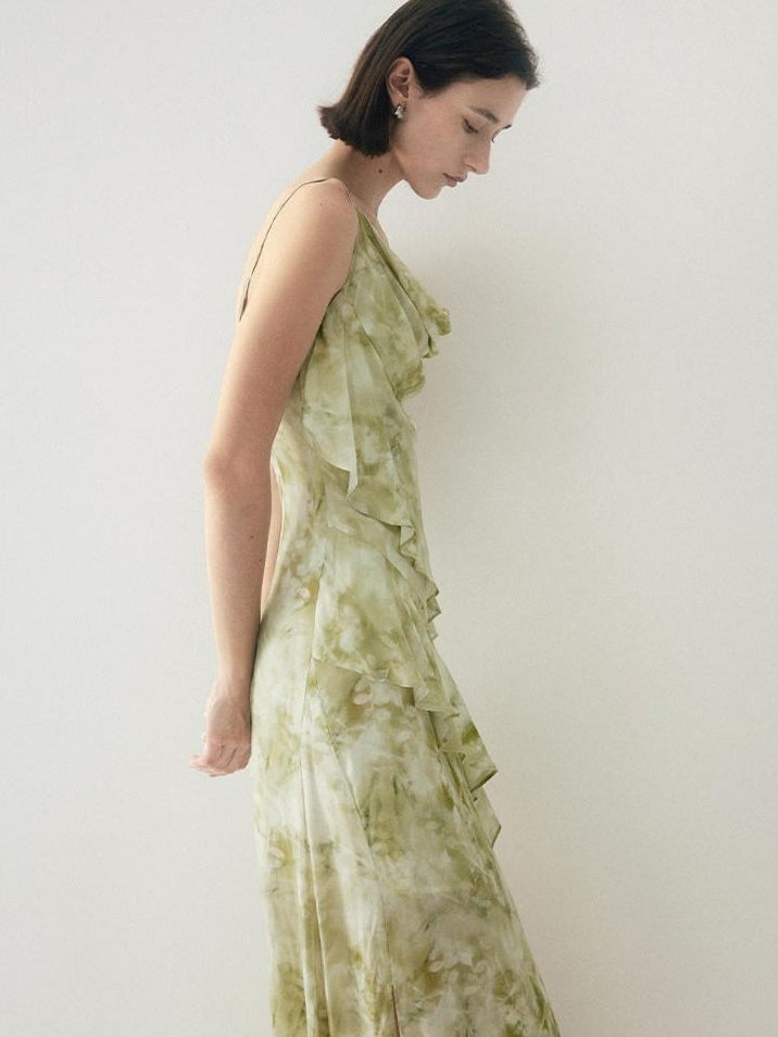 someone sometimes Viscose Asymmetric Ruffle Hem Cinched Waist Aline Lake Green Maxi Dresses