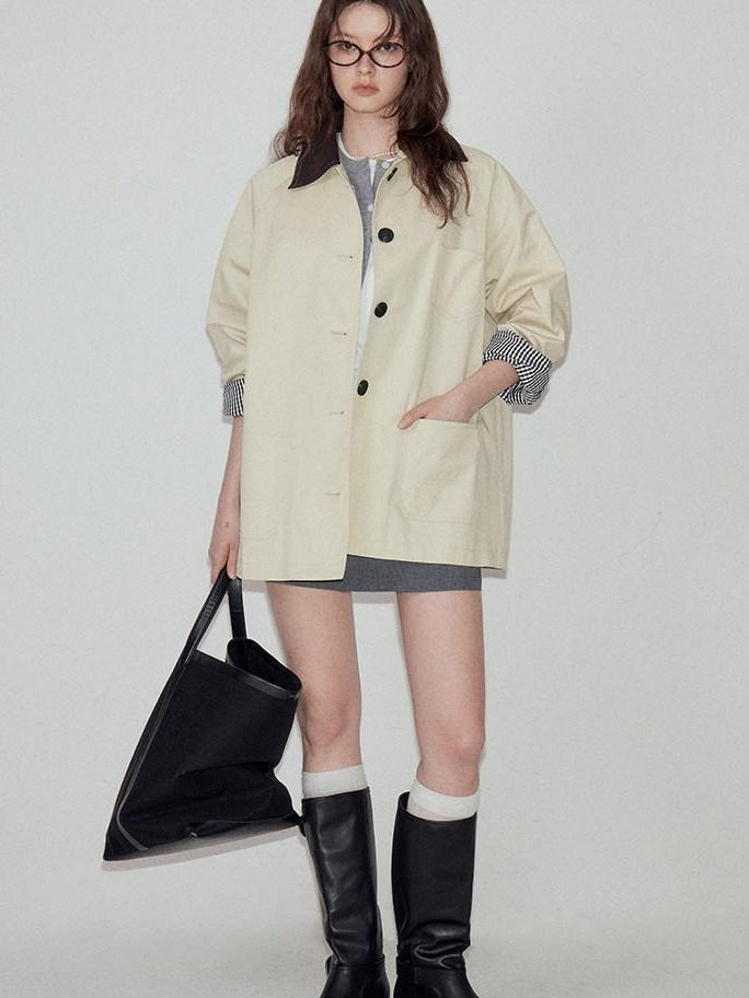 fano Cotton Lined Single Breasted Korean Commuter Short Women Beige Trench Coats