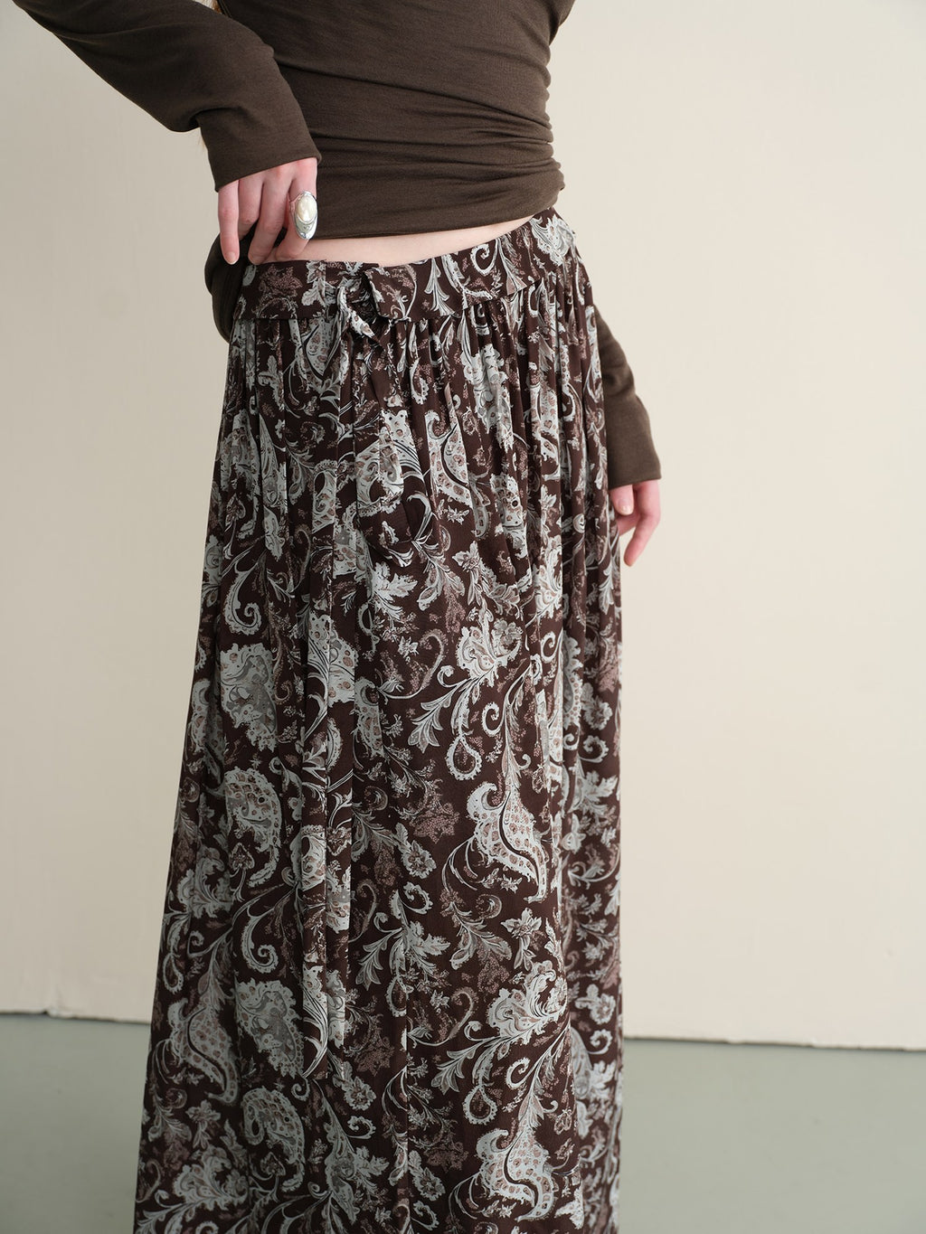someonesometimes Lace Paisley Tie Mid Waist Relaxed H Line Casual Vacation Ladies Maxi Skirts