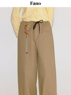 fano Cotton Elastic Waist Pocket Korean Workwear Women Khaki Straight Pants