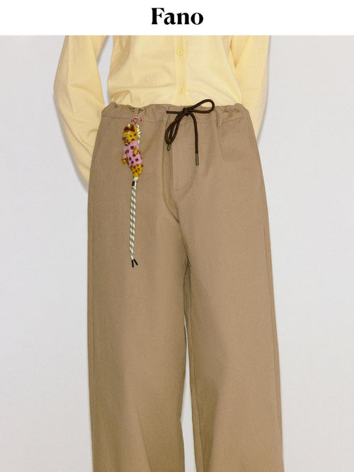 fano Cotton Elastic Waist Pocket Korean Workwear Women Khaki Straight Pants